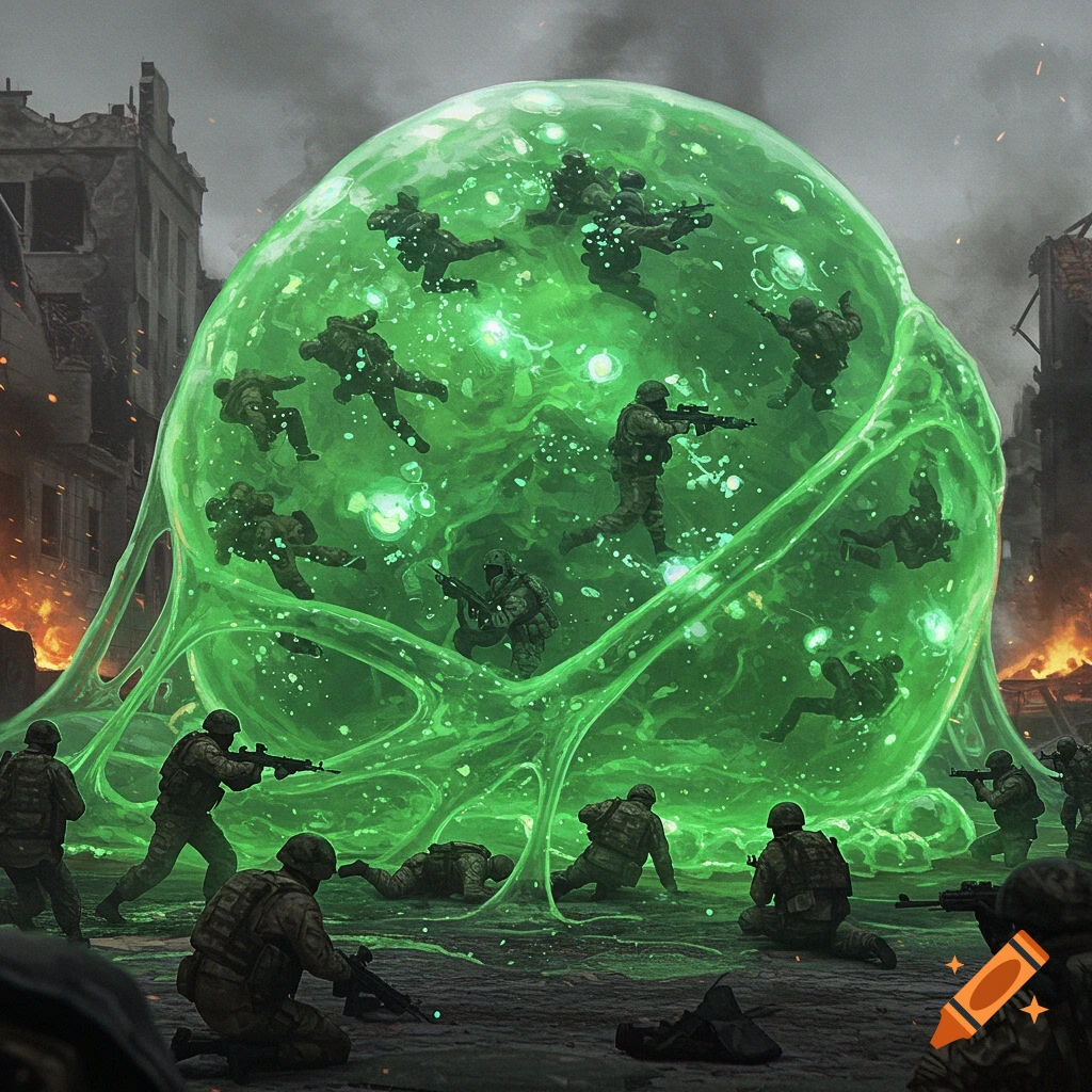 Soldiers battle a giant green slime creature in a ruined city, some trapped inside.