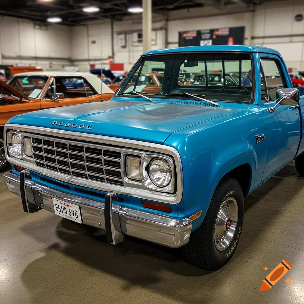 A blue vintage Dodge pickup truck on display at a car show.