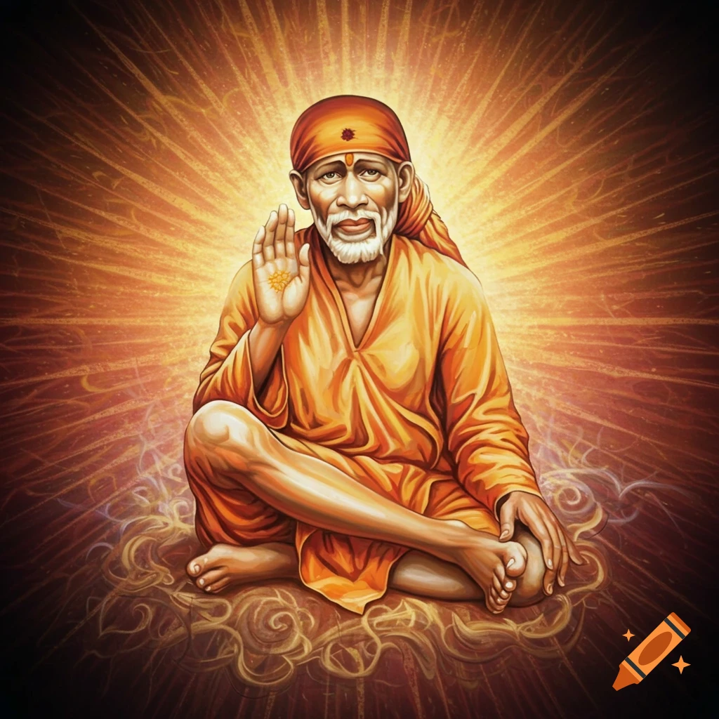 Sai Baba meditating with an orange aura and clouds.