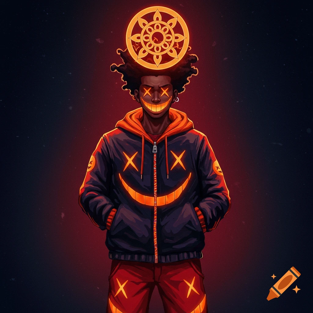 A stylized character is depicted wearing a jacket, with a glowing orange smile and X eyes. A halo is positioned above his head.