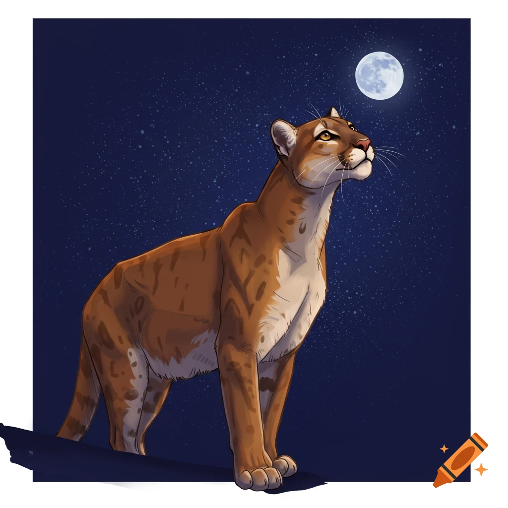 A cougar looking up at the full moon in a starry night sky.