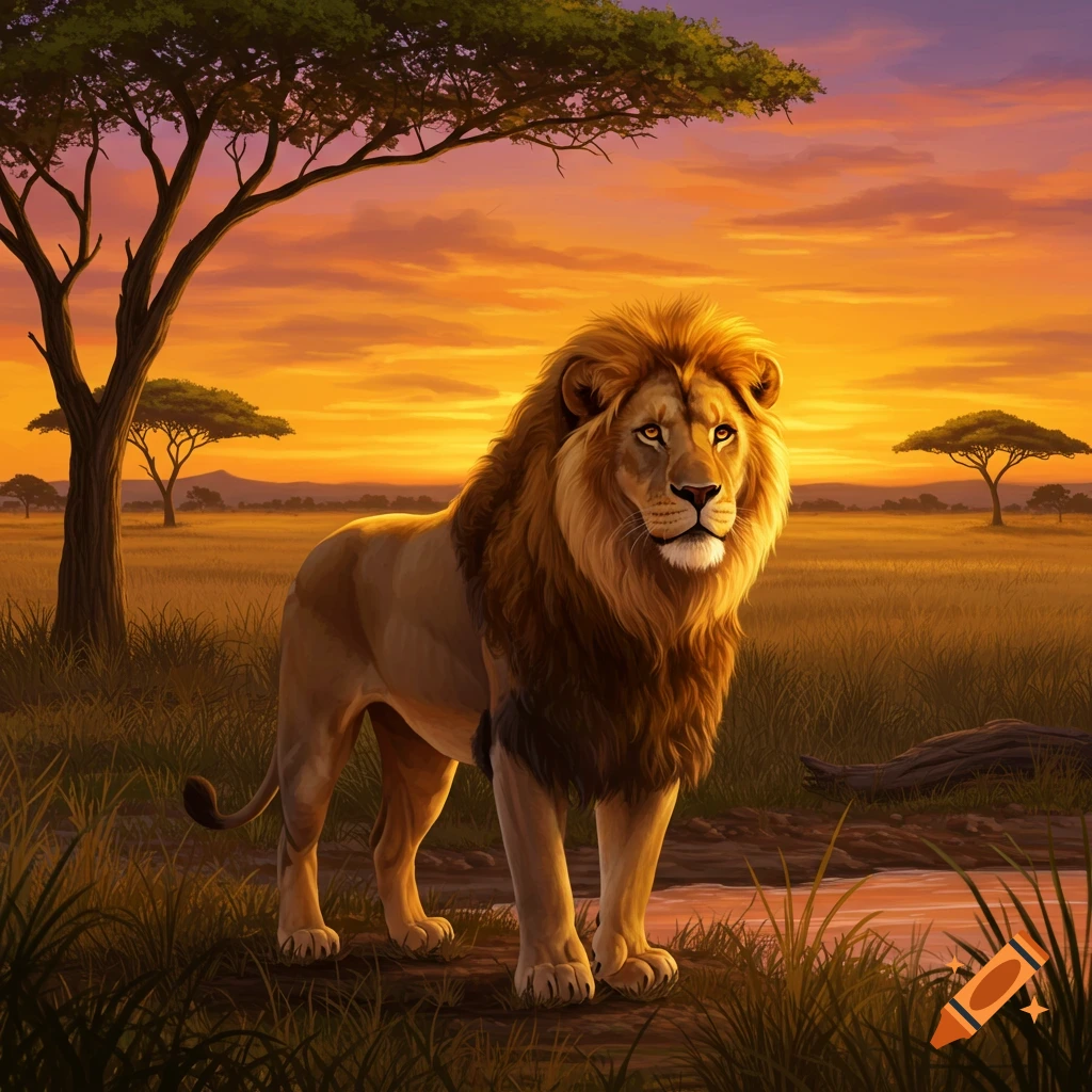 A majestic lion stands in a savannah landscape at sunset.