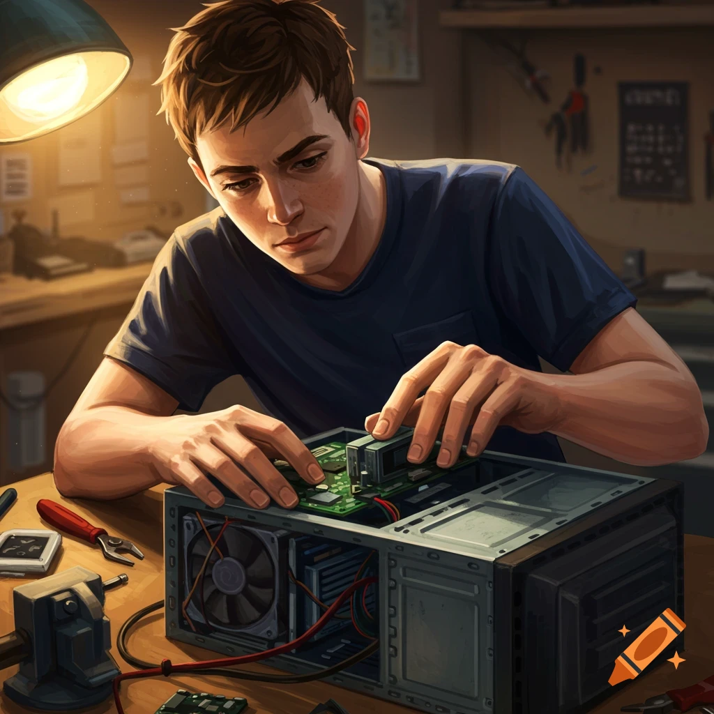 A young man repairing a computer in a workshop.