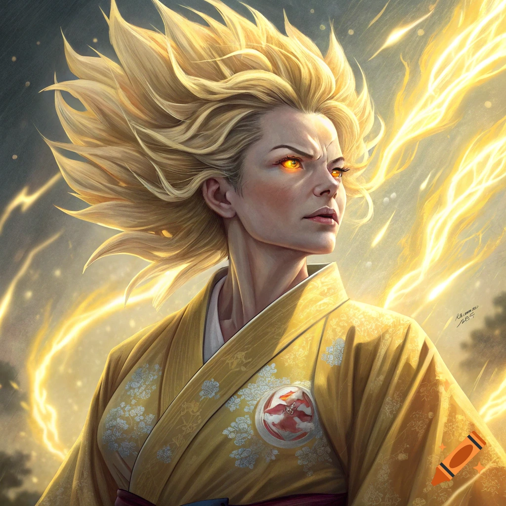 Portrait of a woman with golden spiky hair and glowing eyes, wearing a kimono with lightning energy around her.