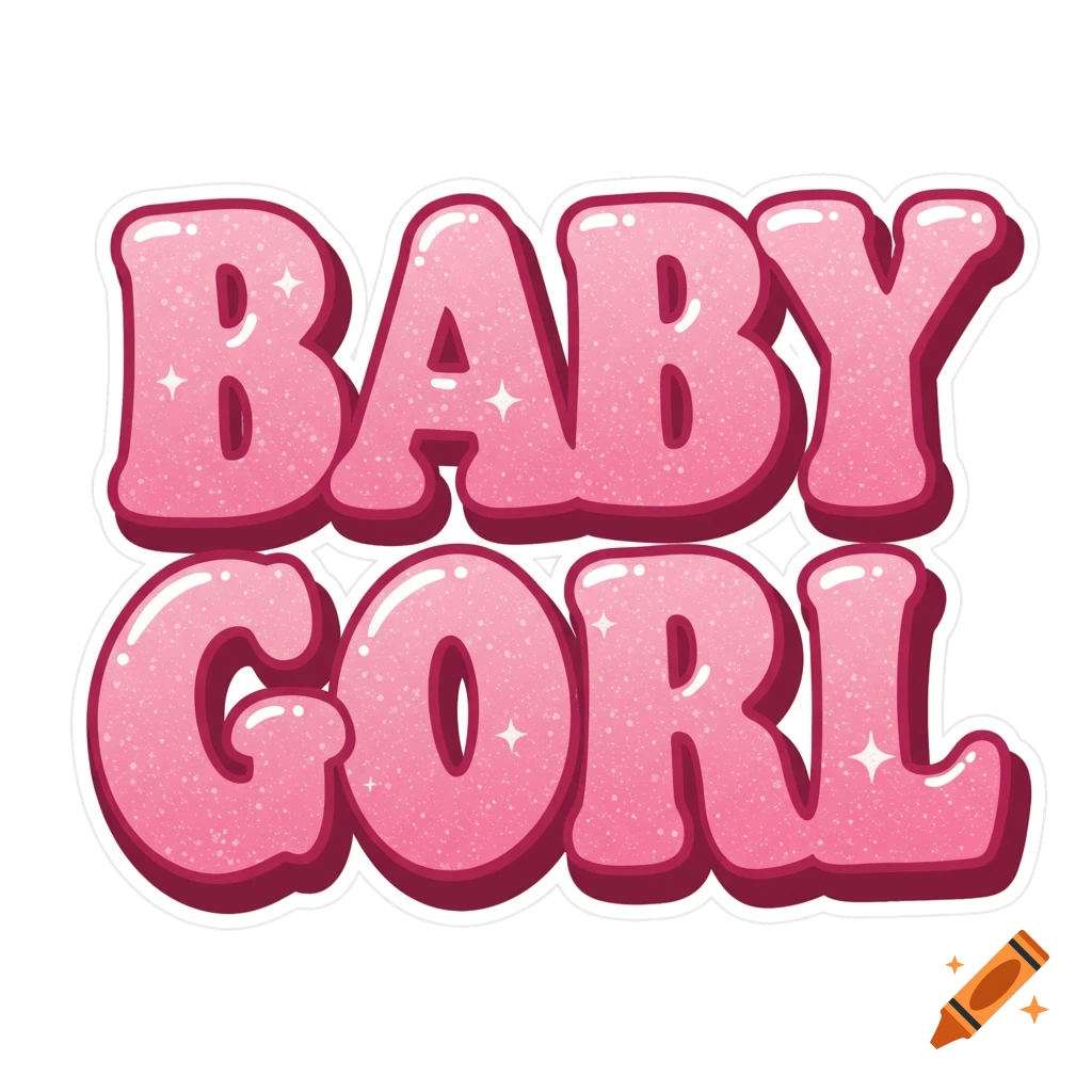 Pink sparkly bubble letters spell 'BABY GORL'