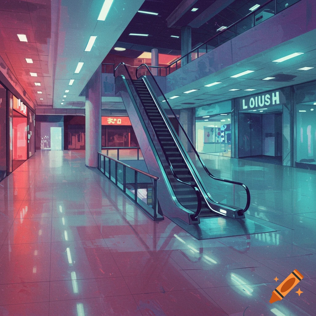 An escalator in a shopping mall is illuminated with pink and teal lighting.