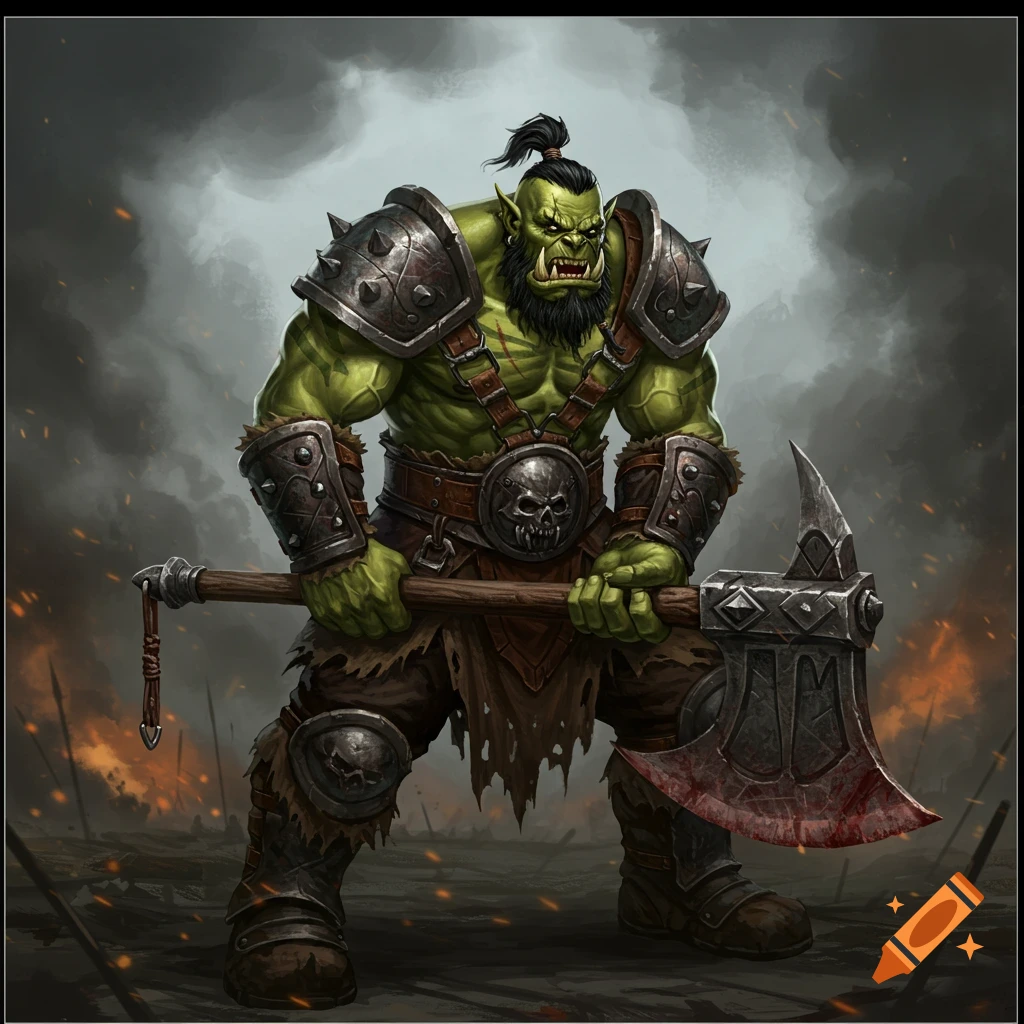 A muscular orc warrior in armor holding a bloody axe on a battleground.