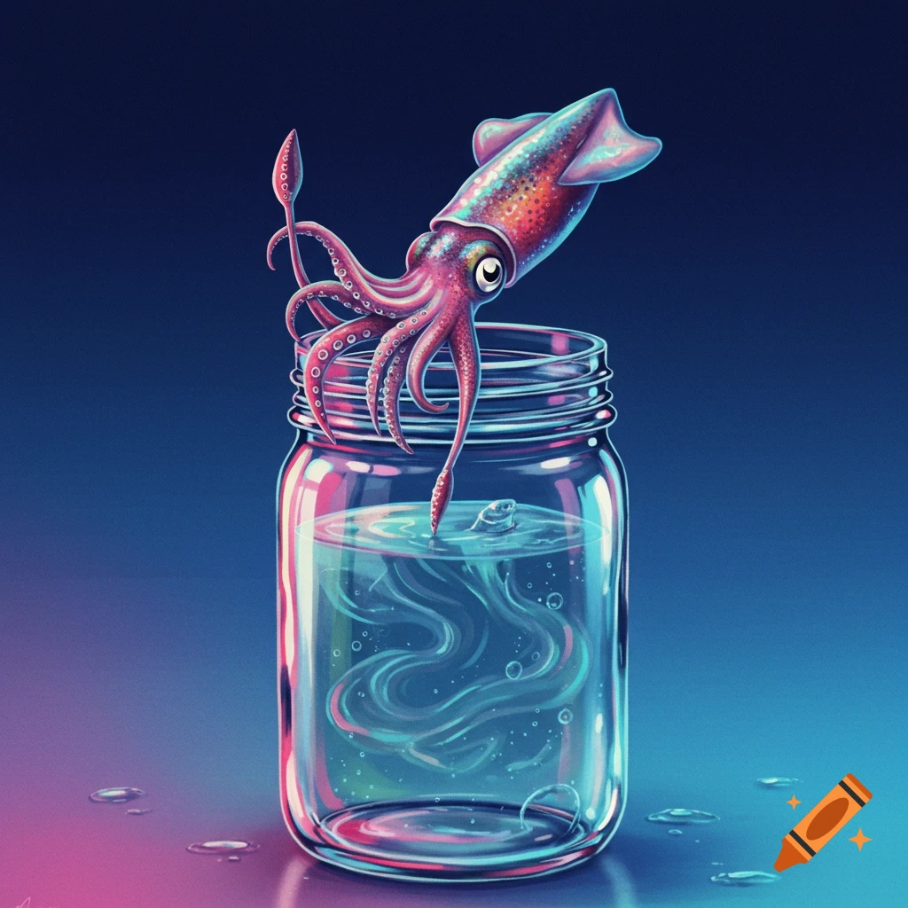 A colorful squid climbing out of a glass jar of water.