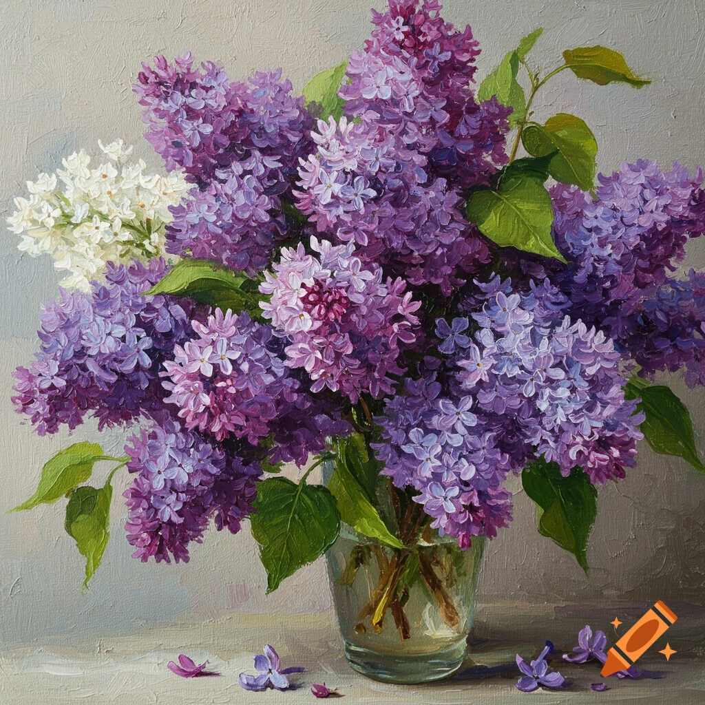 Oil painting of a bouquet of purple and white lilac flowers in a glass vase.