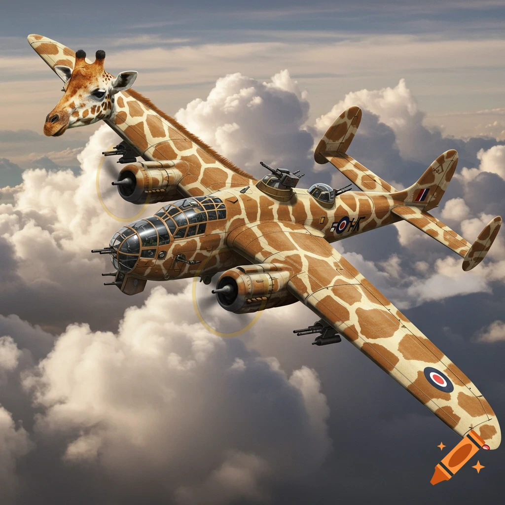 A bomber plane with a giraffe head for a nose and camouflage spots is flying in the clouds.