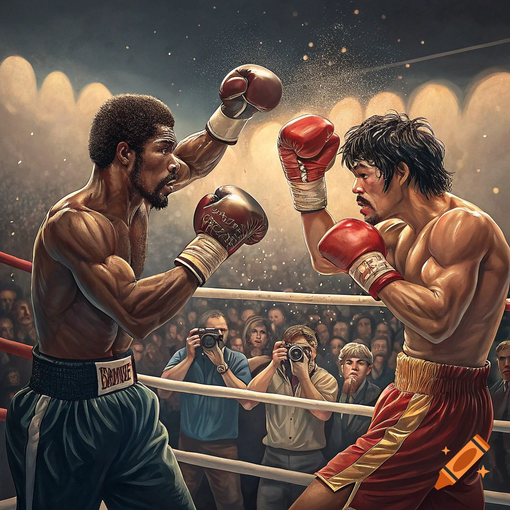 Two boxers trade punches in a brightly lit ring during a match, with a cheering crowd in the background.