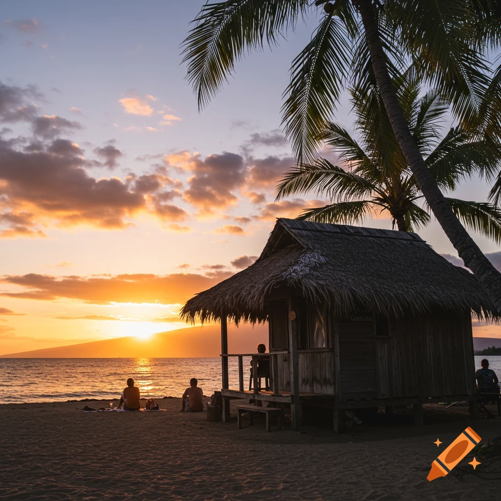 Sunset on a beach with a thatched shack and people