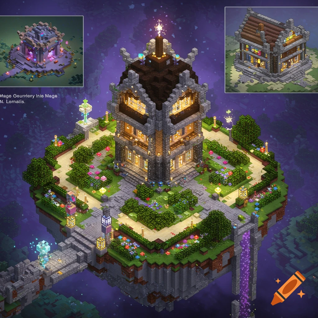 Minecraft-style mage base on a floating island in space.