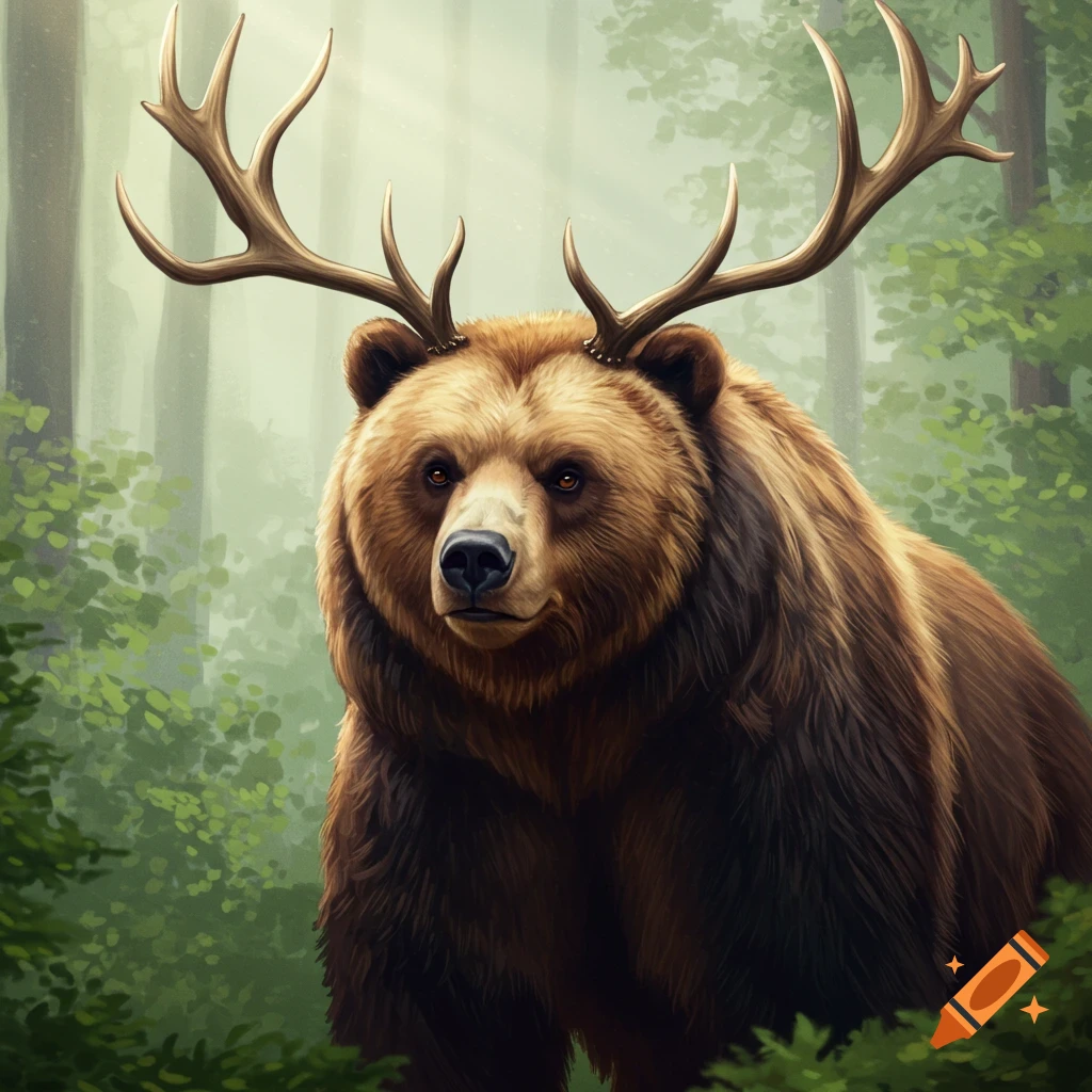 Picture of a bear with elk antlers standing in a forest