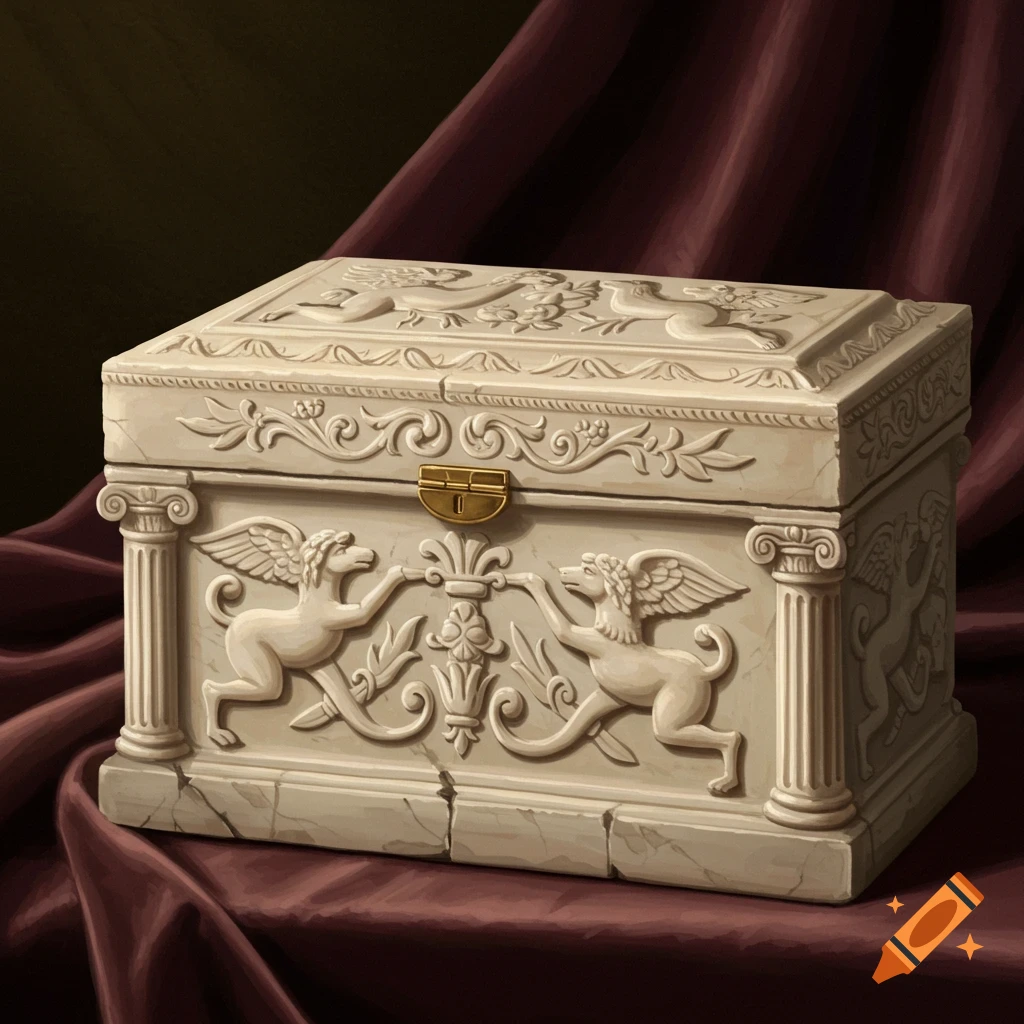 An ancient classical box with winged creature carvings rests on red fabric.
