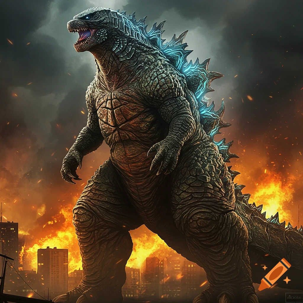 Godzilla roaring over a destroyed city engulfed in fire and smoke.