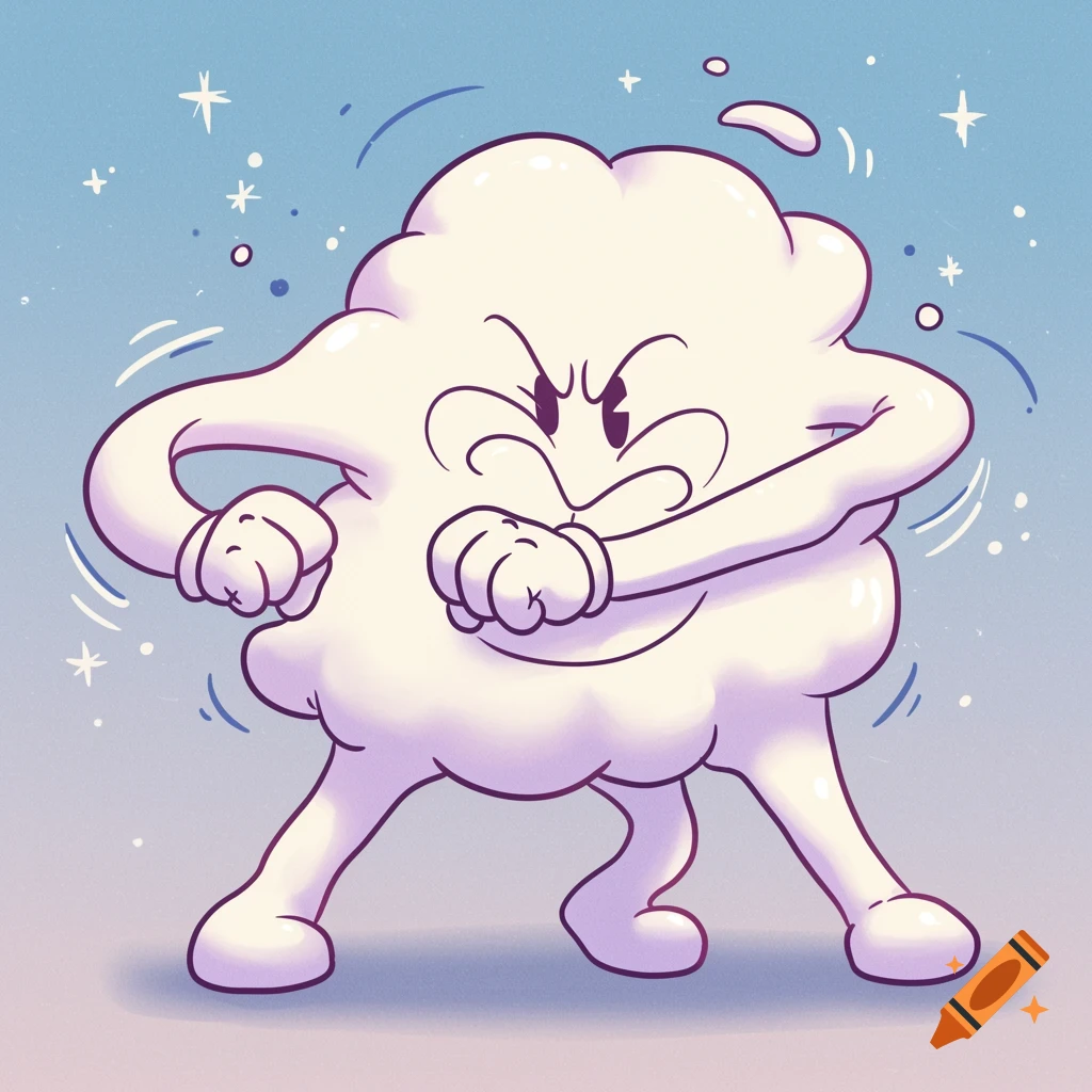 A cartoon cloud character with an angry face in a fighting pose on a blue background.