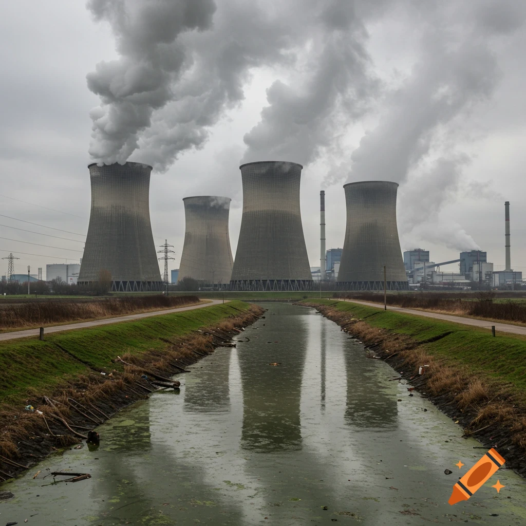 Cooling towers of a power plant emit smoke next to a canal.