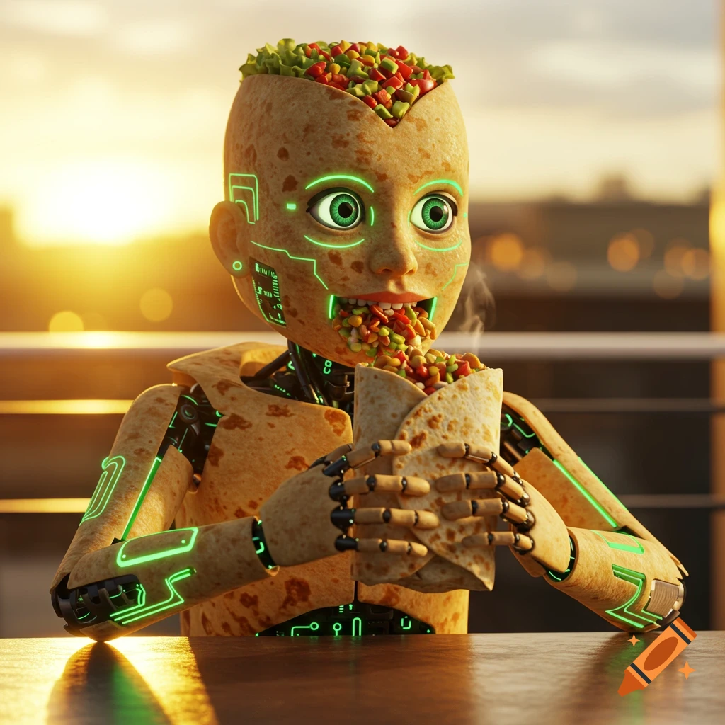 A humanoid cyborg made of tortilla and glowing circuits eats a burrito.