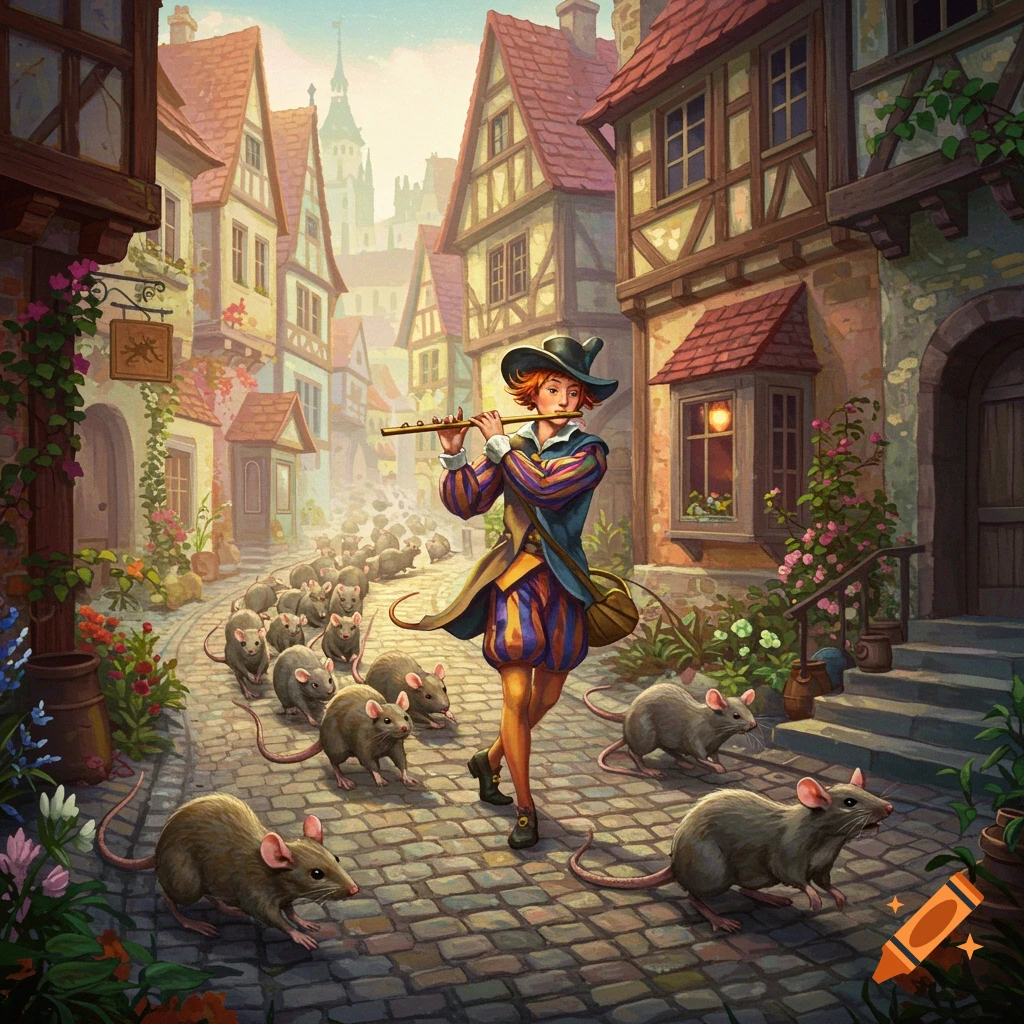 The Pied Piper leads rats through a medieval town.