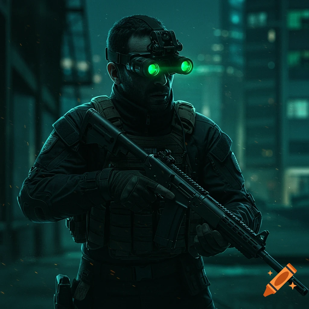 A soldier in tactical gear with glowing night vision goggles holding a rifle in a city at night.
