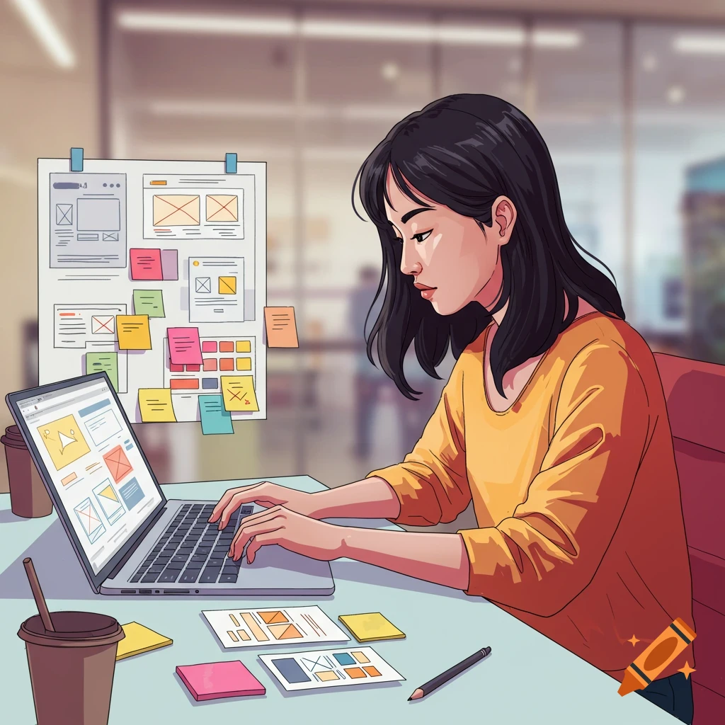 A woman designing on a laptop in an office.