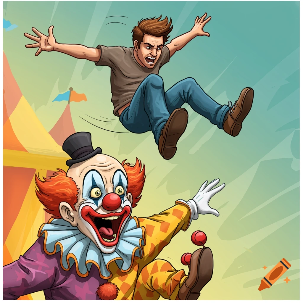 Comic book style illustration of a man leaping over a startled clown at a carnival.