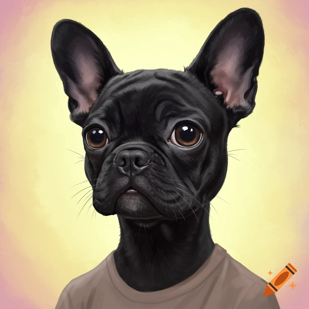 A black French bulldog wearing a brown t-shirt.