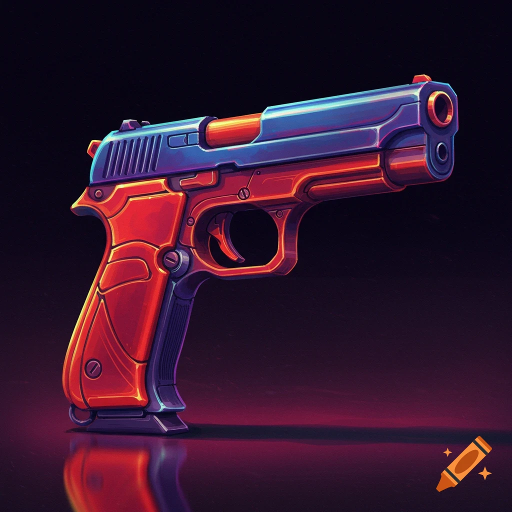 A stylized red and blue pistol against a dark background.