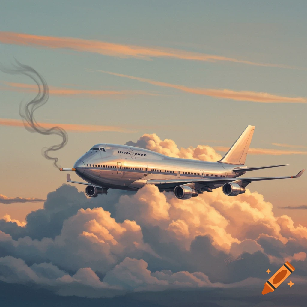 An illustration of a Boeing 747 airplane smoking a cigarette while flying through clouds.