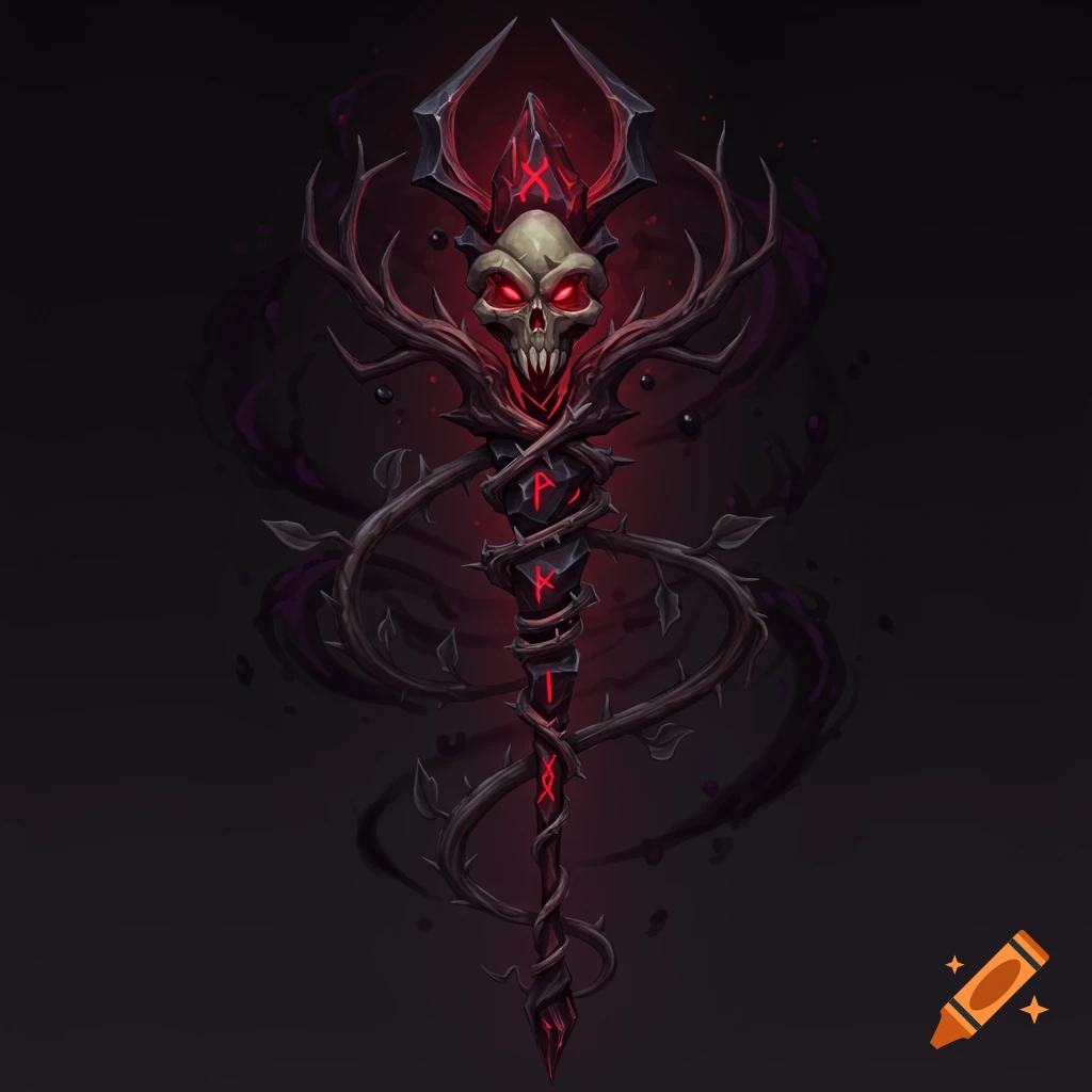 A dark fantasy staff with a skull, horns, thorny vines, and glowing red runes.