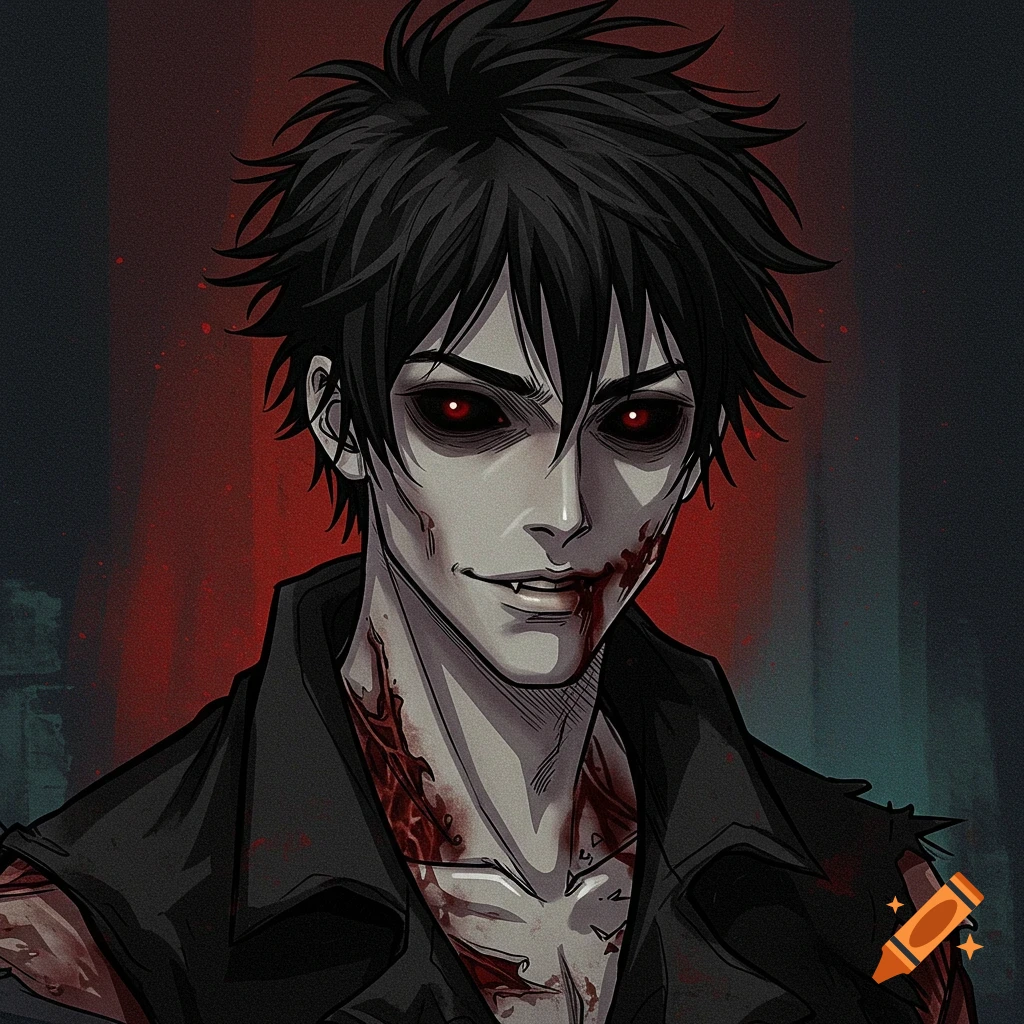 Manga style portrait of a zombie with red eyes, messy black hair, pale skin, and bloodstains.
