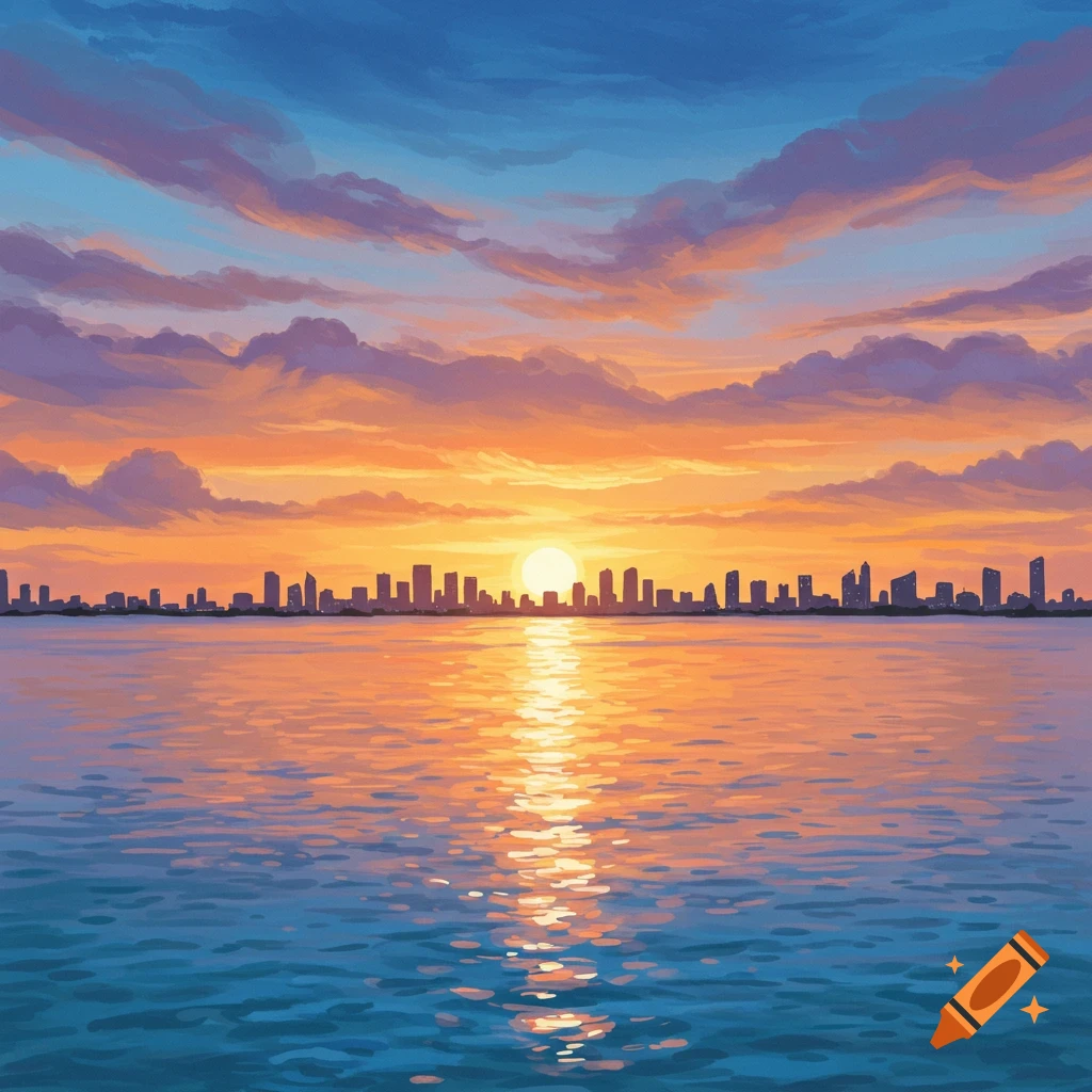 Cityscape silhouette at sunset over water