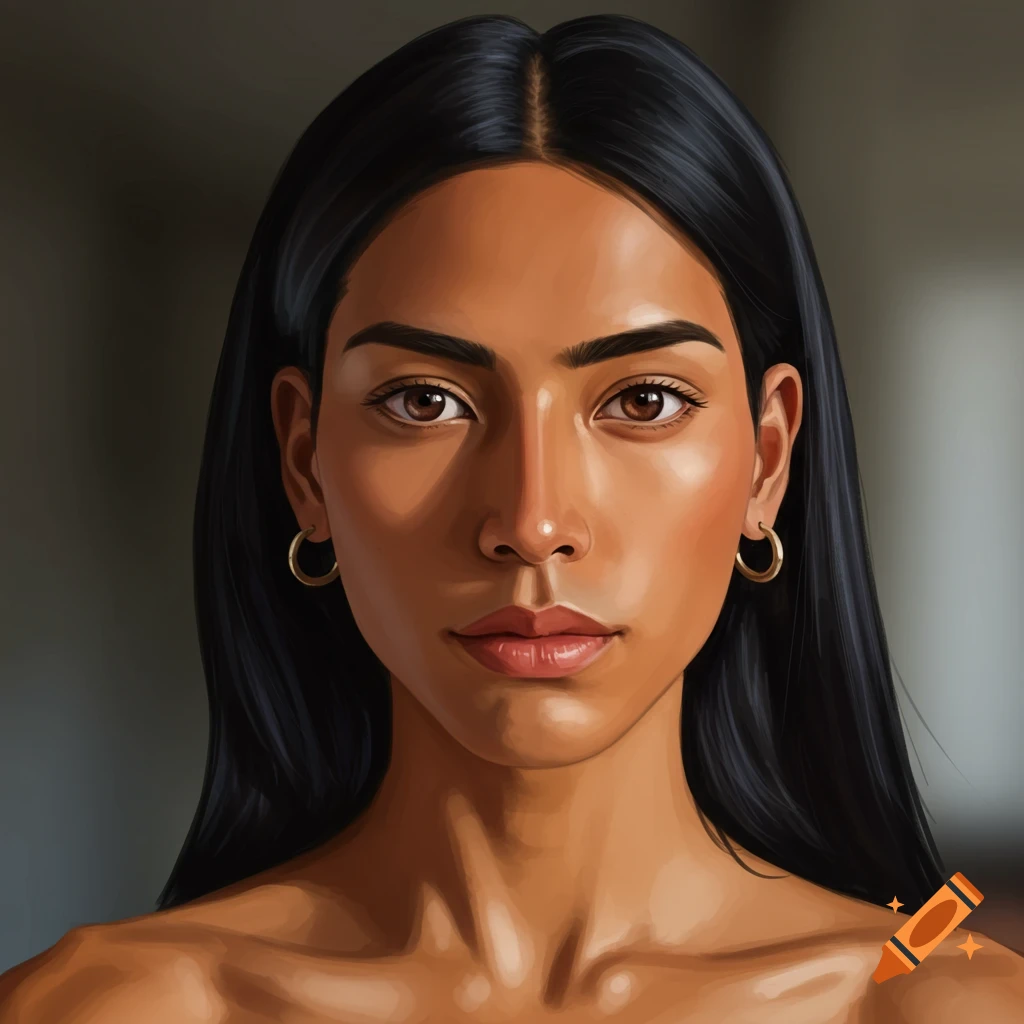 A portrait of a woman with dark hair and brown eyes.