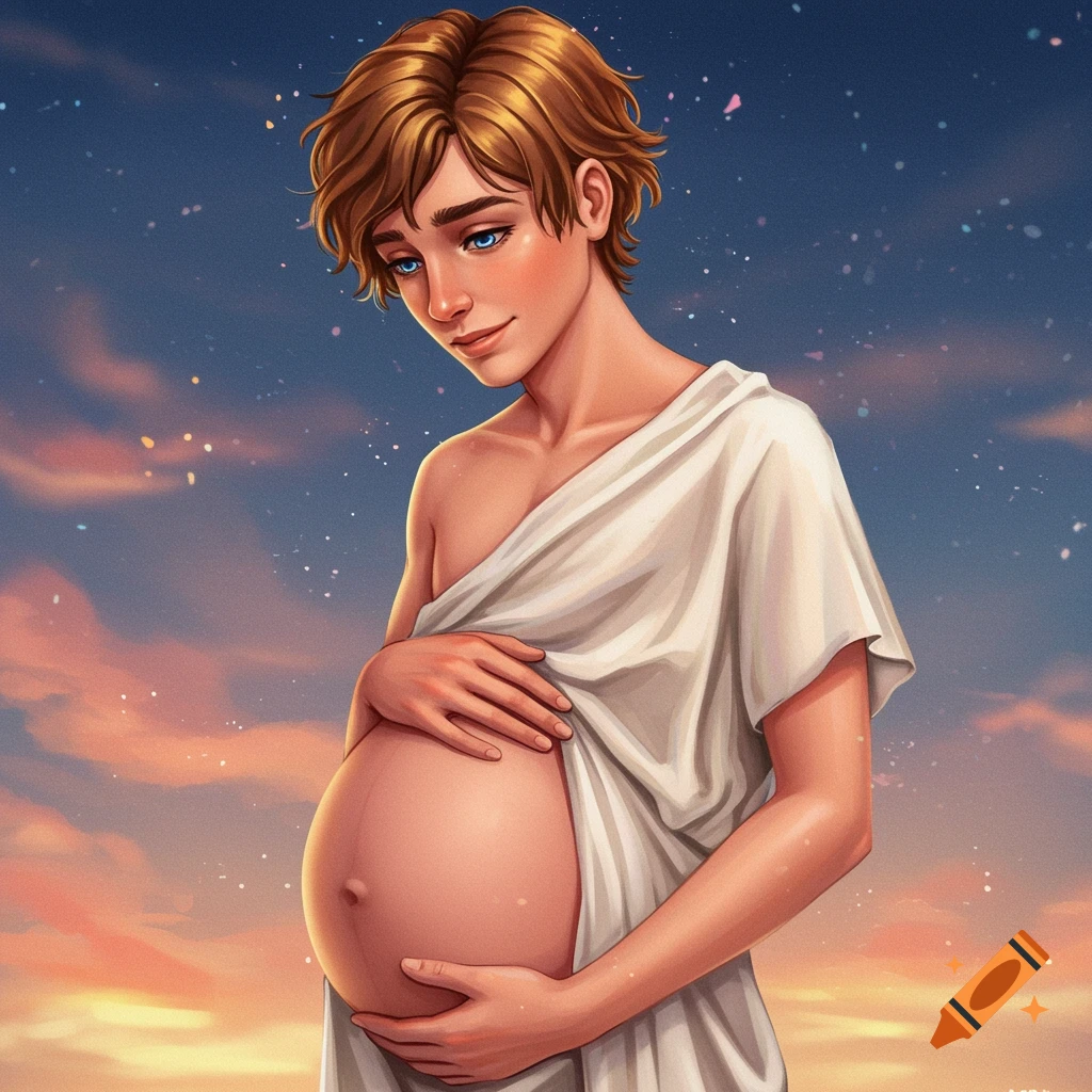 A person in a white tunic holds their pregnant belly against a colorful sky.