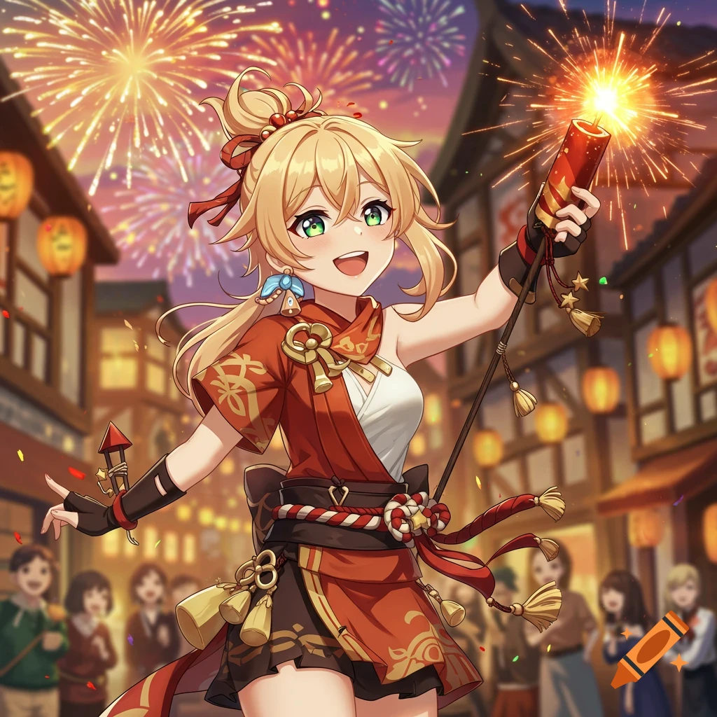 Anime girl holding a firework stick in a festival street scene with fireworks.