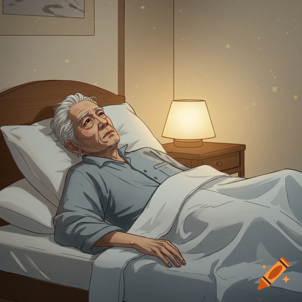 An older Asian man lies awake in bed.