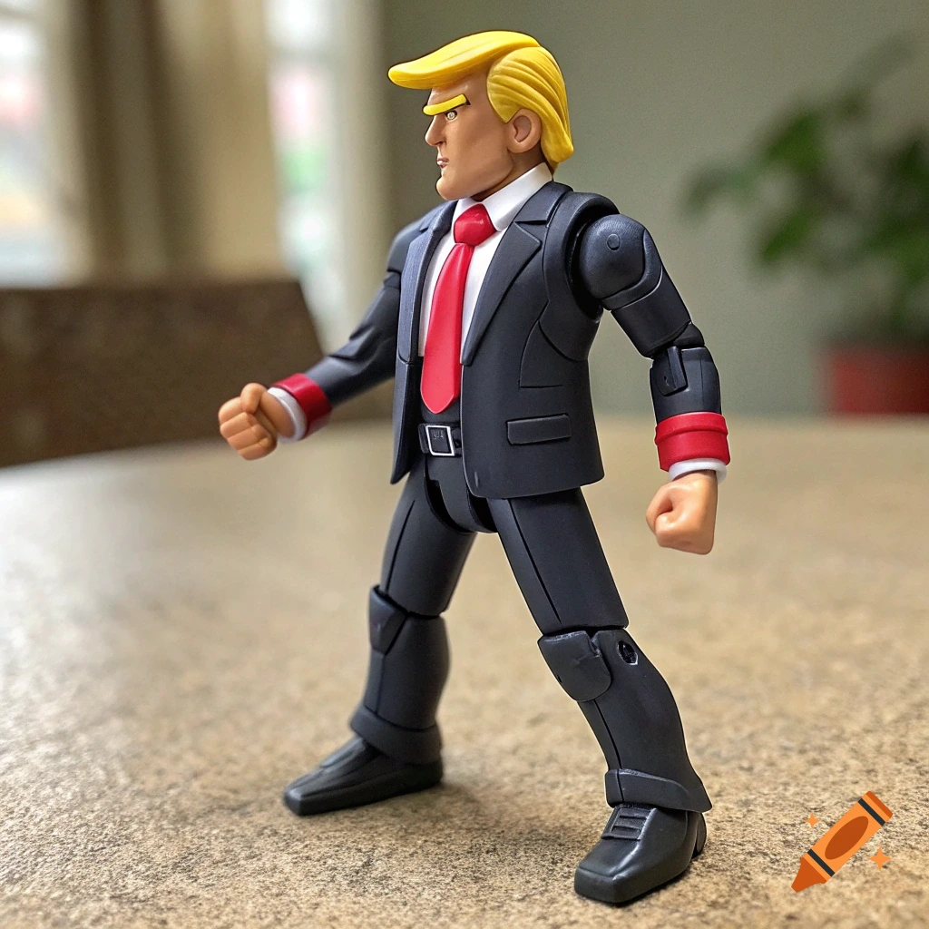 An action figure resembling Donald Trump in a suit and red tie.