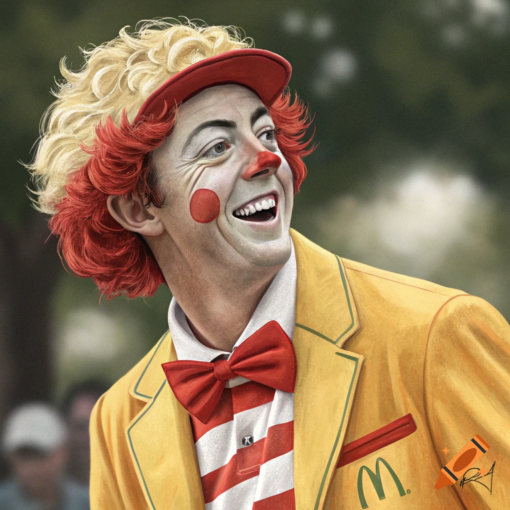 Close-up portrait of a person dressed as a clown resembling Ronald McDonald in a yellow jacket.