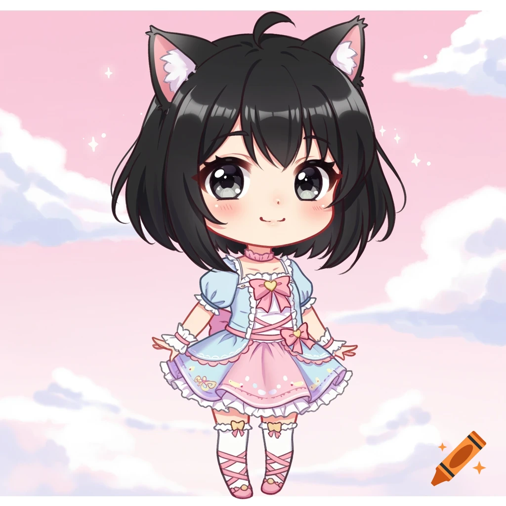 Anime chibi girl with cat ears in a frilly pastel dress against a pink sky with clouds.
