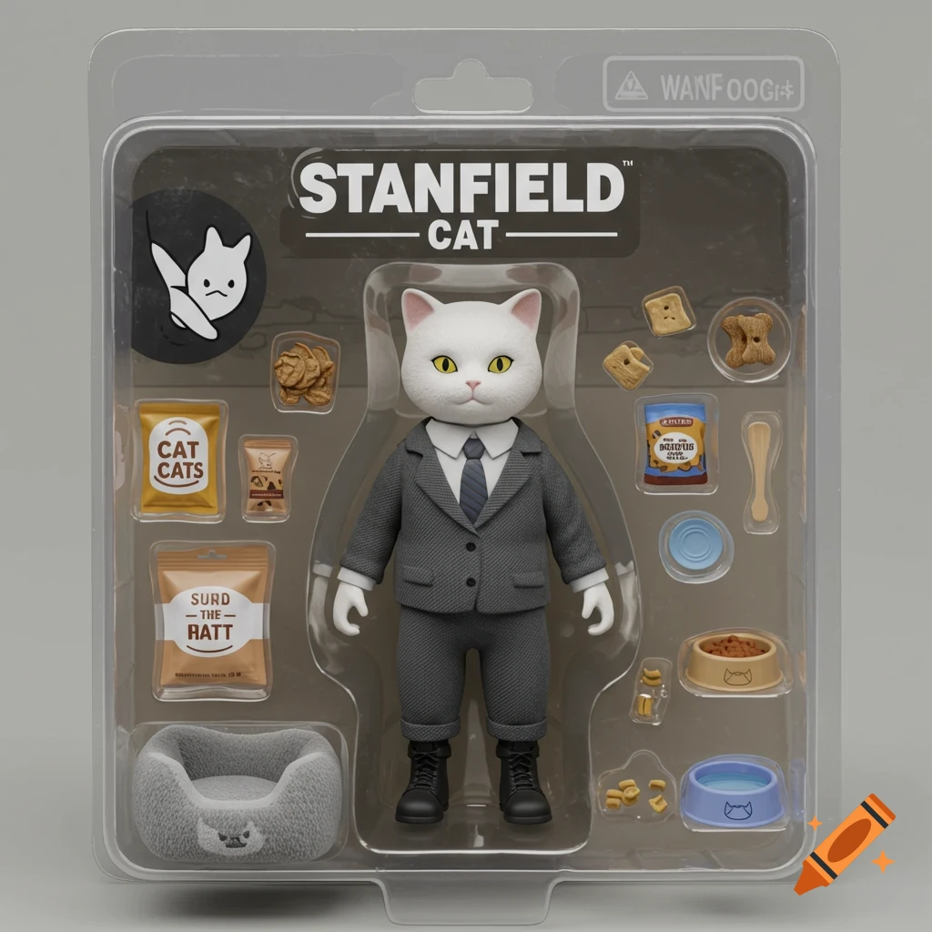 3D render of a white cat action figure in a suit, packaged with accessories like food bowls and treats.