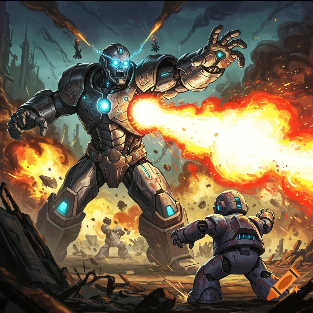 Large robot blasts a smaller robot in a ruined city.