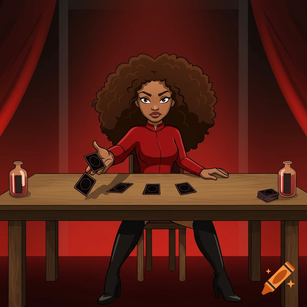 Cartoon woman in red and black sits at a table with cards.