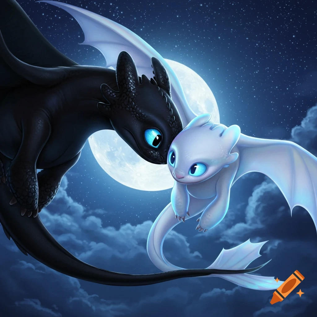 A black dragon and a white dragon fly together in the night sky with a full moon.