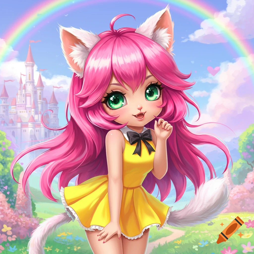A cute cat girl with pink hair and tail, wearing a yellow dress, in a fantasy landscape with a castle and rainbow.