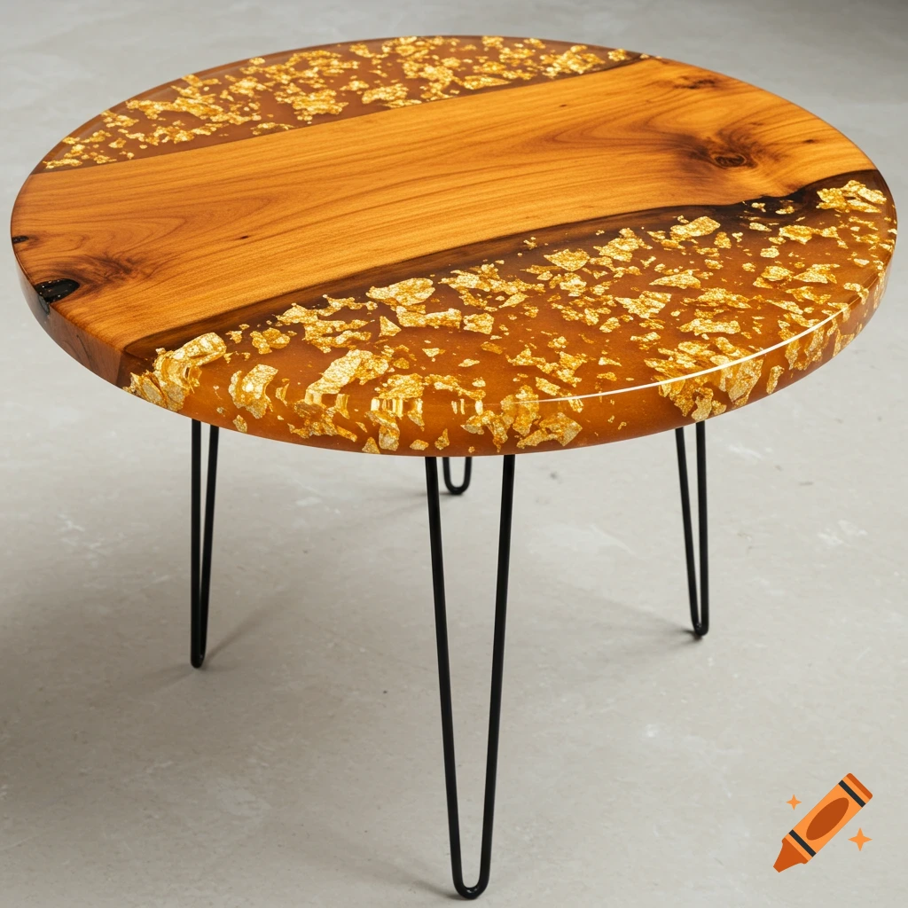 Round wood and gold flake epoxy resin table on hairpin legs