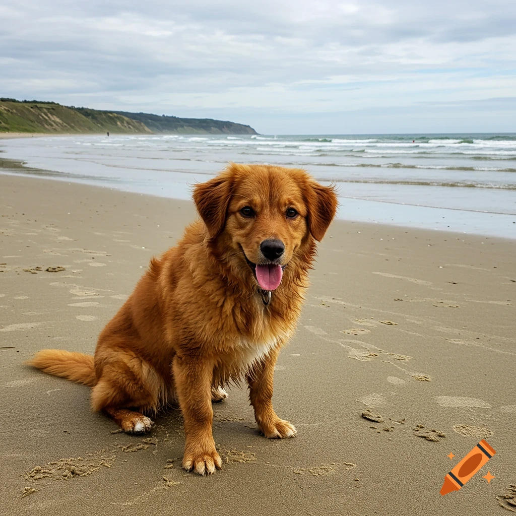 Brown dog sits on a sandy beach with ocean waves behind it.