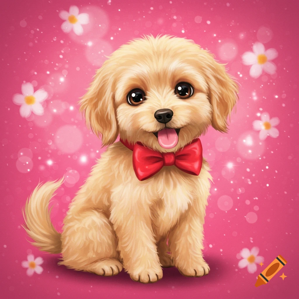 A cute cartoon puppy wearing a red bow tie on a pink background with flowers and bokeh.