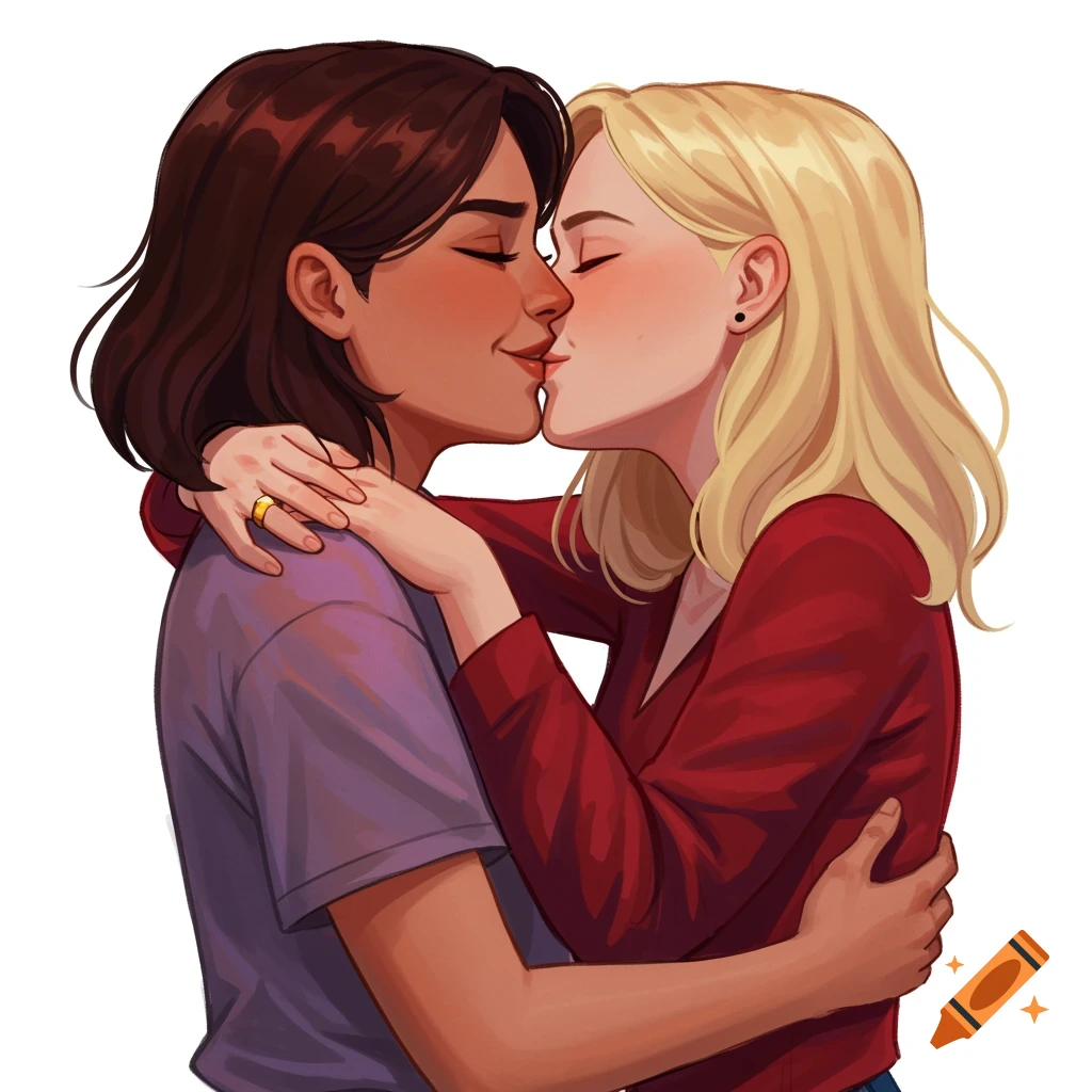 Two women with dark and blonde hair passionately kissing and embracing.