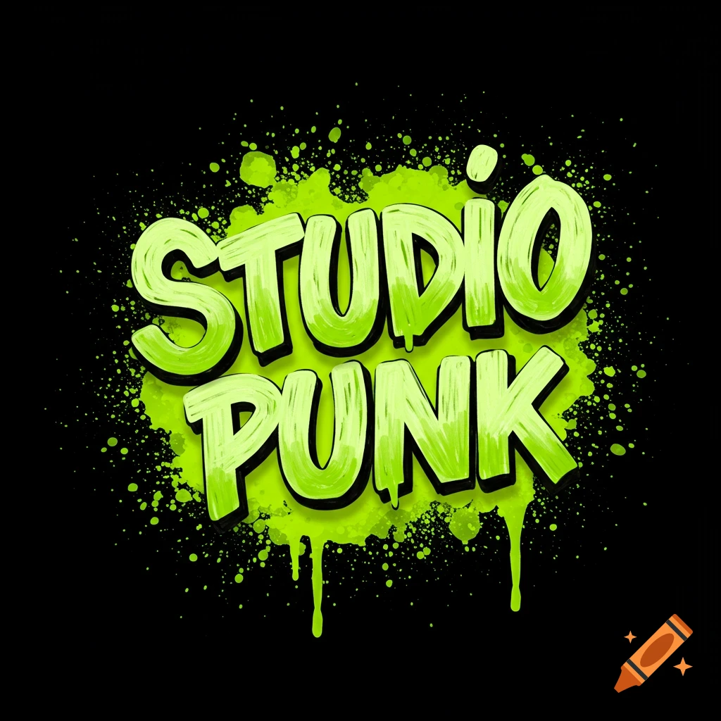 Lime green text "STUDIO PUNK" in a splatter paint style on a black background.